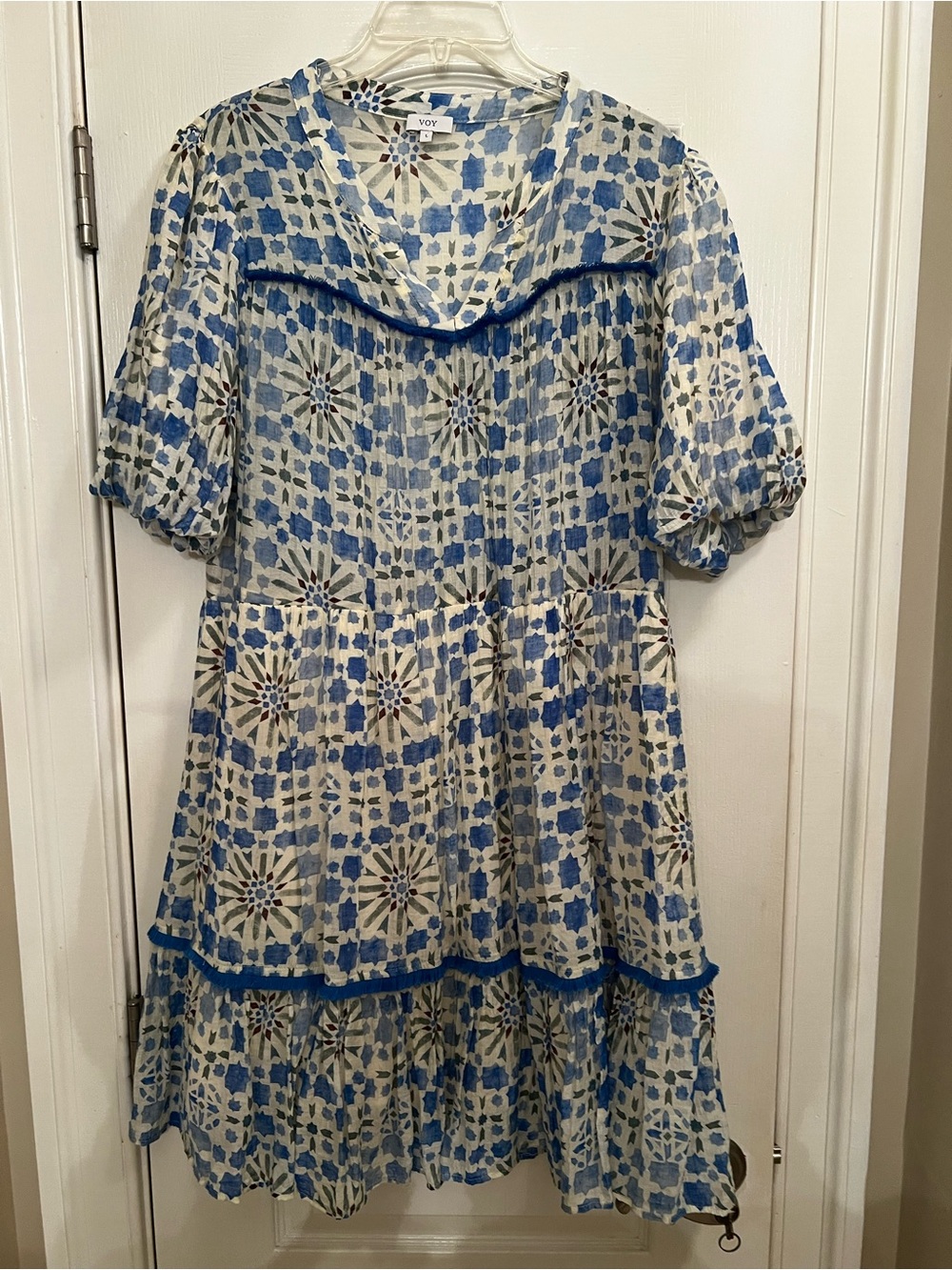 VOY Blue & Cream Tile-Print Tiered Midi Dress